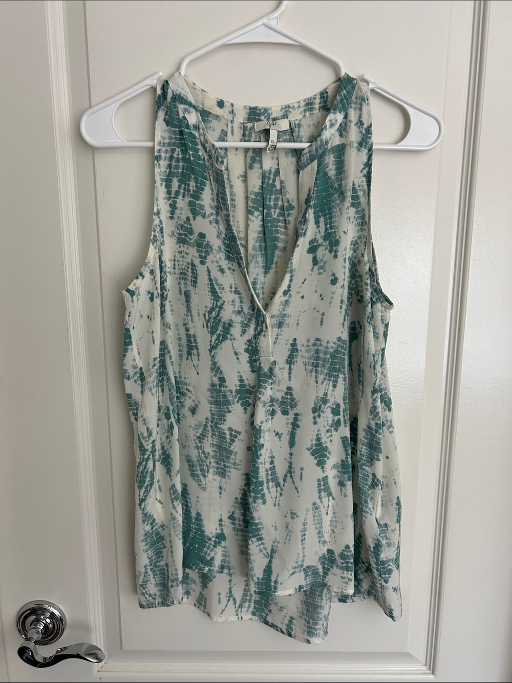 Joie silk Sleeveless V-Neck Tie-Dye Print Women's Tank Top - Teal/White XS